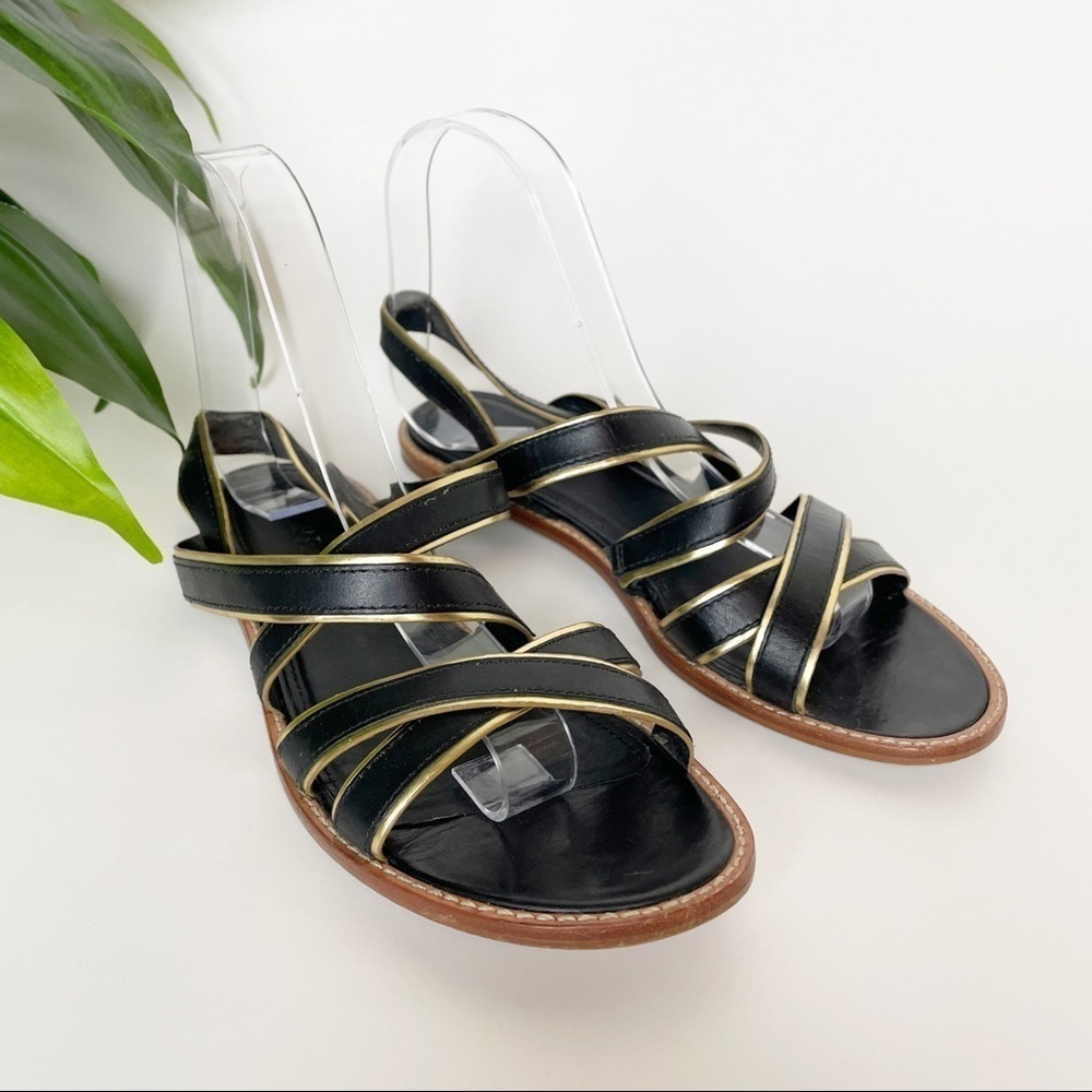 J. Crew Black and Gold Leather Strappy Sandals 6.5